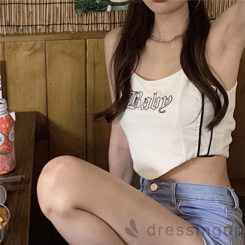 Áo croptop nữ hai dây thêu chữ lai vuông cắt giống khăn tay