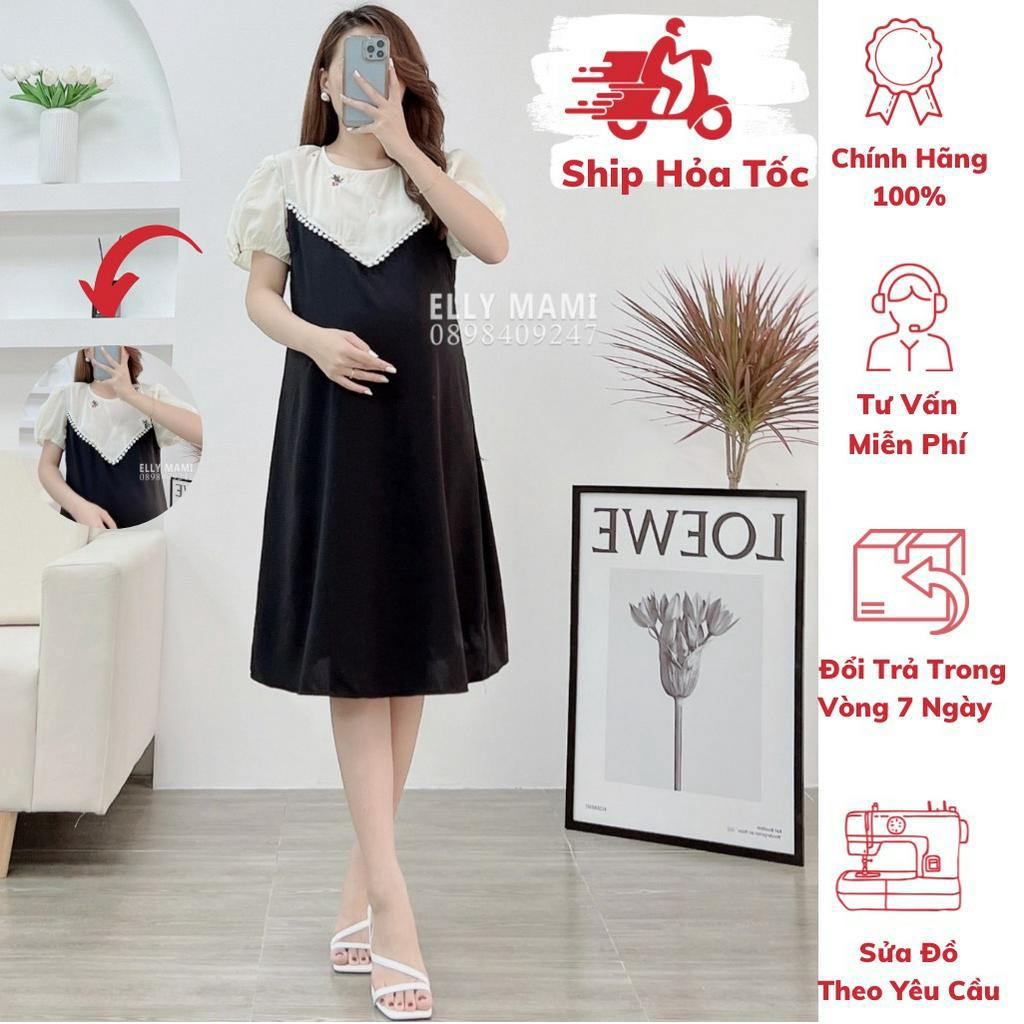 ( 40kg - 110kg ) Đầm Bầu , Suông Cổ Kem Hoa Thêu Tay Phồng Form Dễ Mặc Thoải Mái Suốt Thai Kì &amp; Sau Sinh Thiết Kế