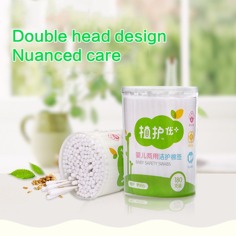 Hộp 180 Tăm Bông Cotton Hai Đầu Có Tay Cầm Giấy Cho Người Lớn Và Trẻ Em