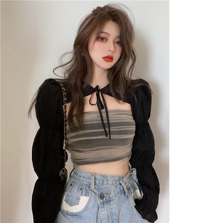 áo (có tách) áo ống croptop ôm body, áo khoác croptop dài tay tay phồng