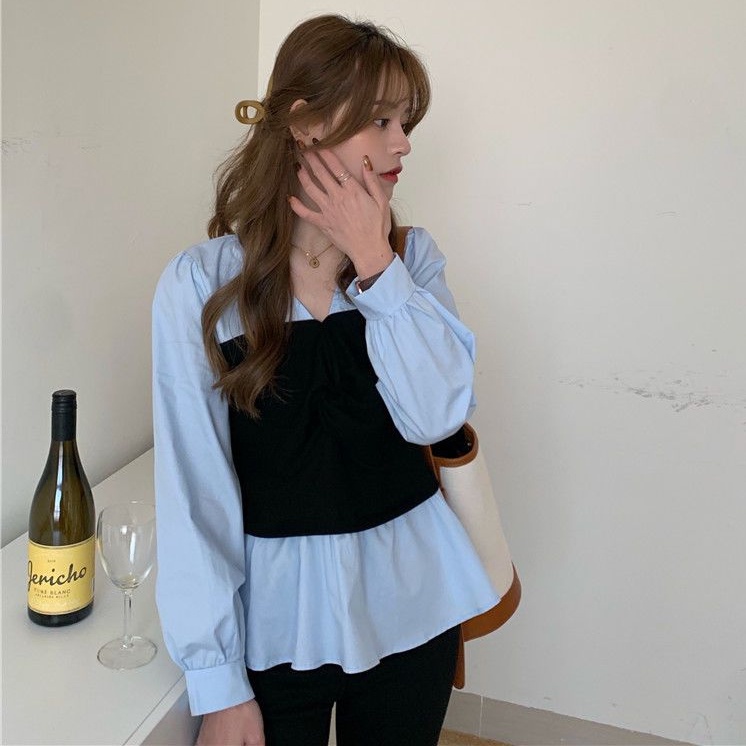 Áo Sơ Mi Tay Dài Giả Hai Lớp Phối Màu Tương Phản Thời Trang 2022 Cho Nữ