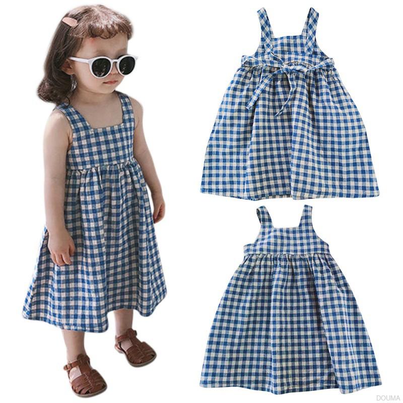 Đầm Hai Dây Kẻ Ca Rô Cho Bé Gái