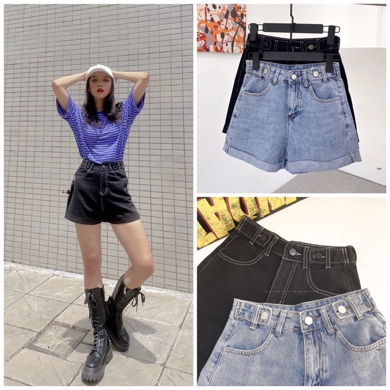 Quần short, quần short jeans đai khuy hai bên cạp 5902