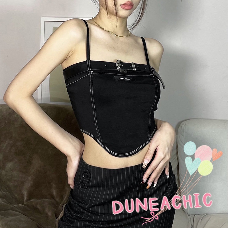 DUNEA Áo Denim Trễ Vai Phối Khóa Thời Trang Cho Nữ