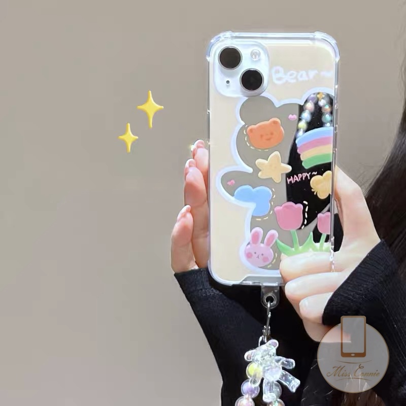 Ốp Điện Thoại Mềm Mặt Gương Có Dây Đeo Hình Gấu 3D Cho iPhone 7 8 14 Plus 11 12 13 14 Pro Max XR X XS Max