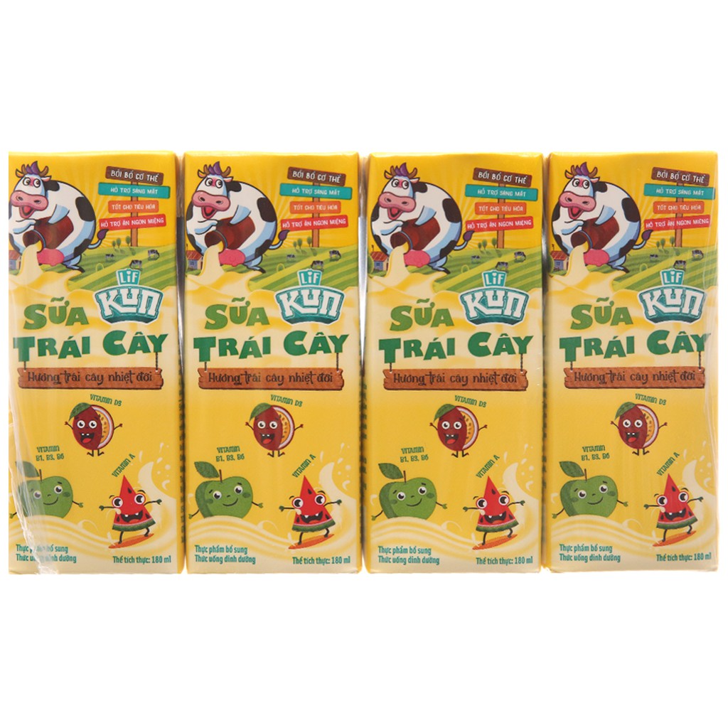 LỐC 4 HỘP SỮA TRÁI CÂY KUN 180 ML HƯƠNG CAM