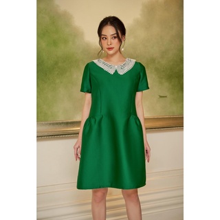 Váy xanh taffta Egan Dress cổ bèo ren trắng
