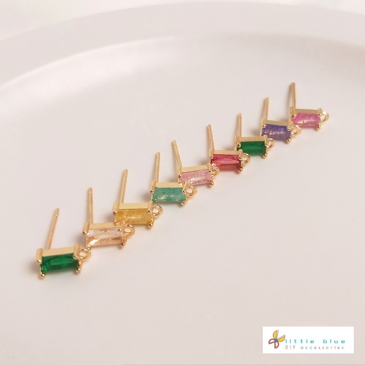 [Little Blu] Khuyên Tai Xỏ Lỗ Hình Chữ Nhật Bằng Đồng Bạc 925 14K Dát Zircon Màu Sắc Zircon Hình Chữ Nhật Có Dây Treo