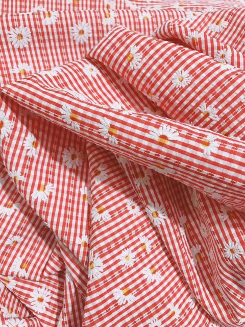 vải caro hoa cúc ánh nhũ may váy áo không cần lót