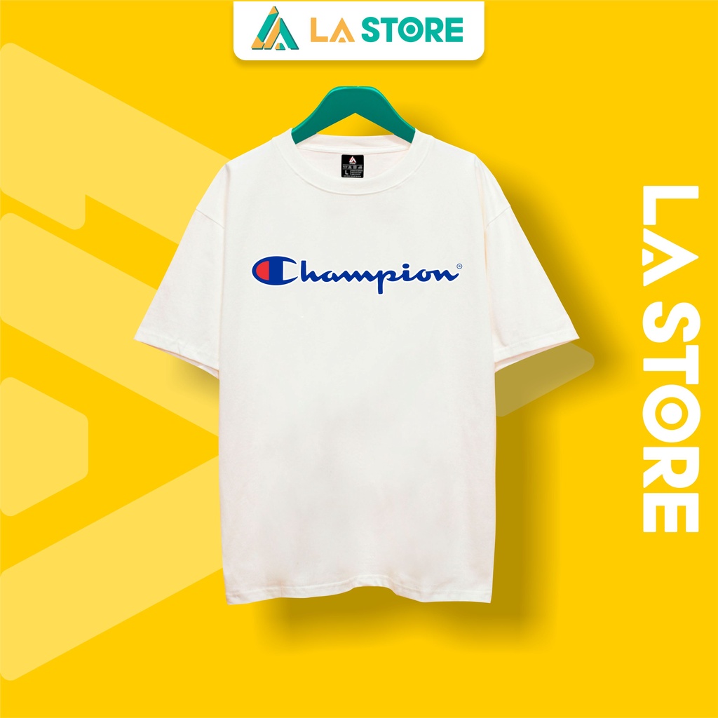 Áo Thun Unisex Cotton Champion Logo Lớn Form Rộng Tay Lỡ Nam Nữ Có Big Size | LẠ STORE