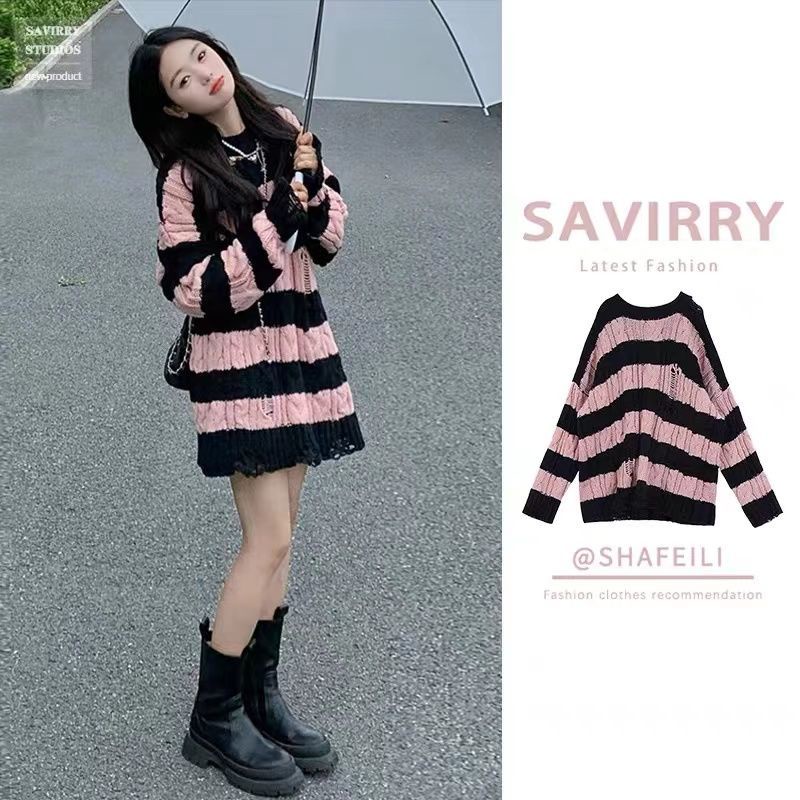 Áo Sweater Họa Tiết Kẻ Sọc Màu Hồng Thời Trang 2022 Cho Nữ