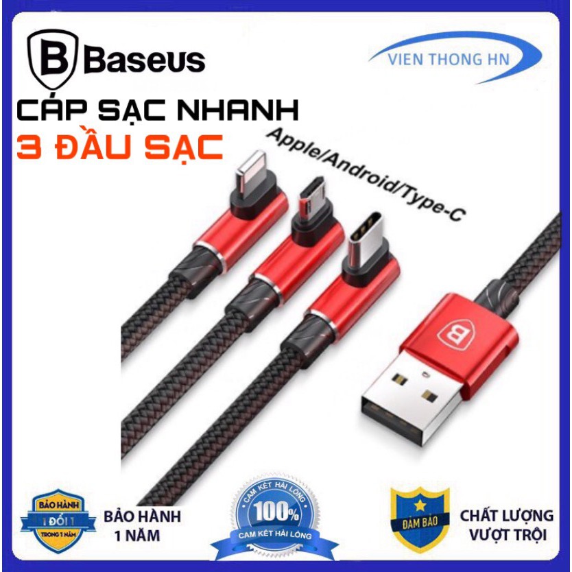 Dây sạc nhanh chữ L 3 đầu iphone type c micro usb baseus mvp - cáp sạc chữ L cho game thủ - vienthonghn