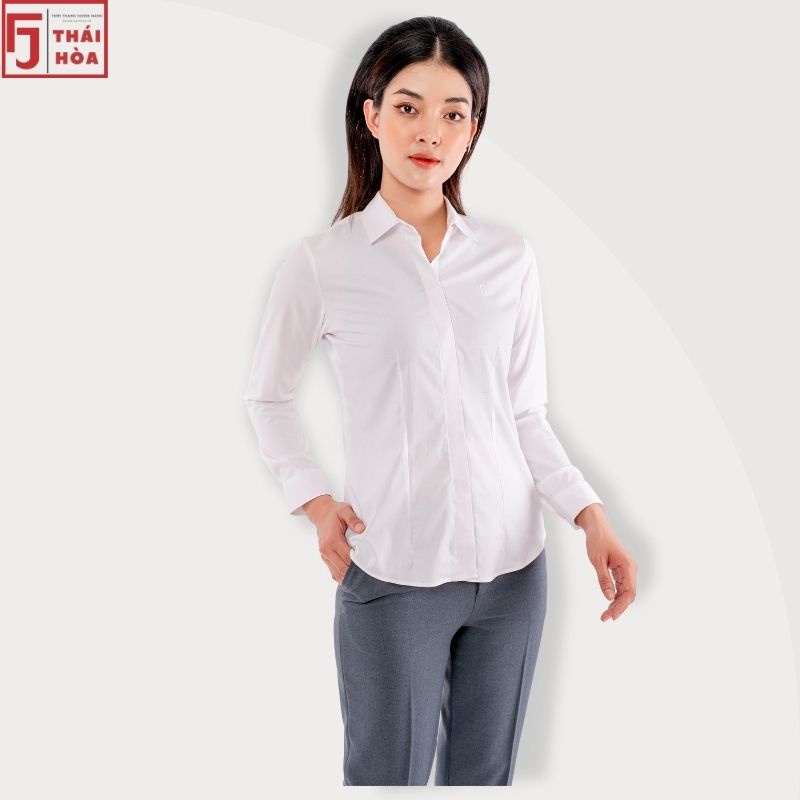 Áo sơ mi trắng nữ Thái Hoà sợi tre cao cấp đẹp kiểu hoạ tiết chìm 9021-30-02