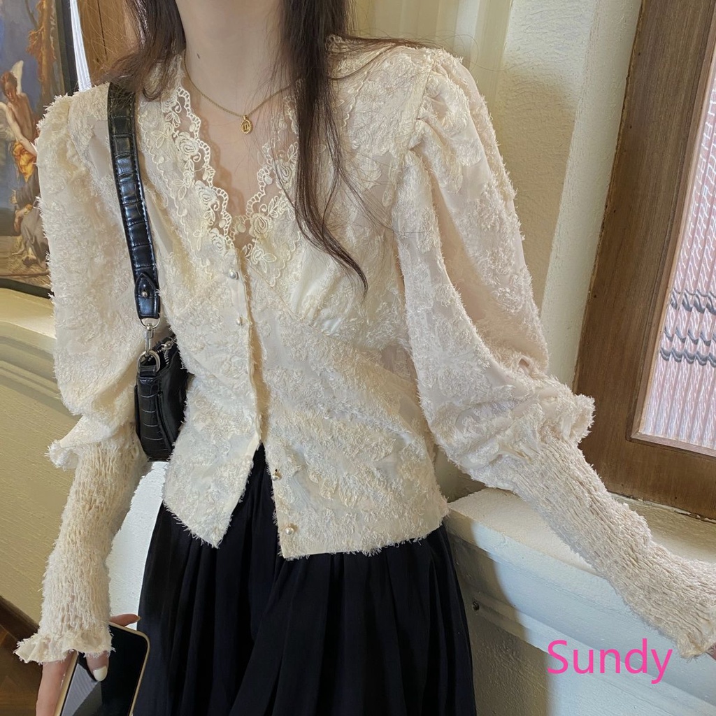 Áo kiểu tay dài cổ chữ V phối ren cài nút thời trang công sở thanh lịch cho nữ