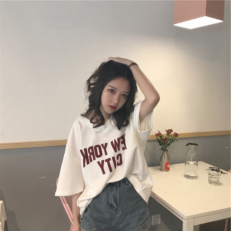 SUXI Áo Thun Tay Ngắn Cổ Chữ V Phong Cách Hàn Quốc Cho Nữ