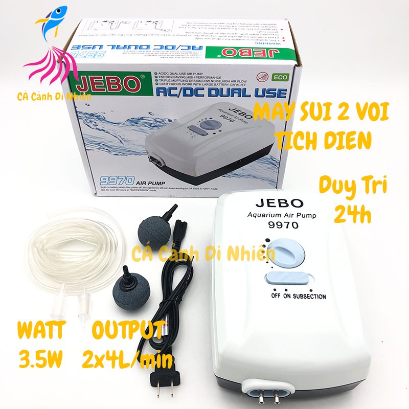 Máy Sủi Khí Oxy 2 Vòi Tích Điện Jebo 9970 3.5W cho hồ cá