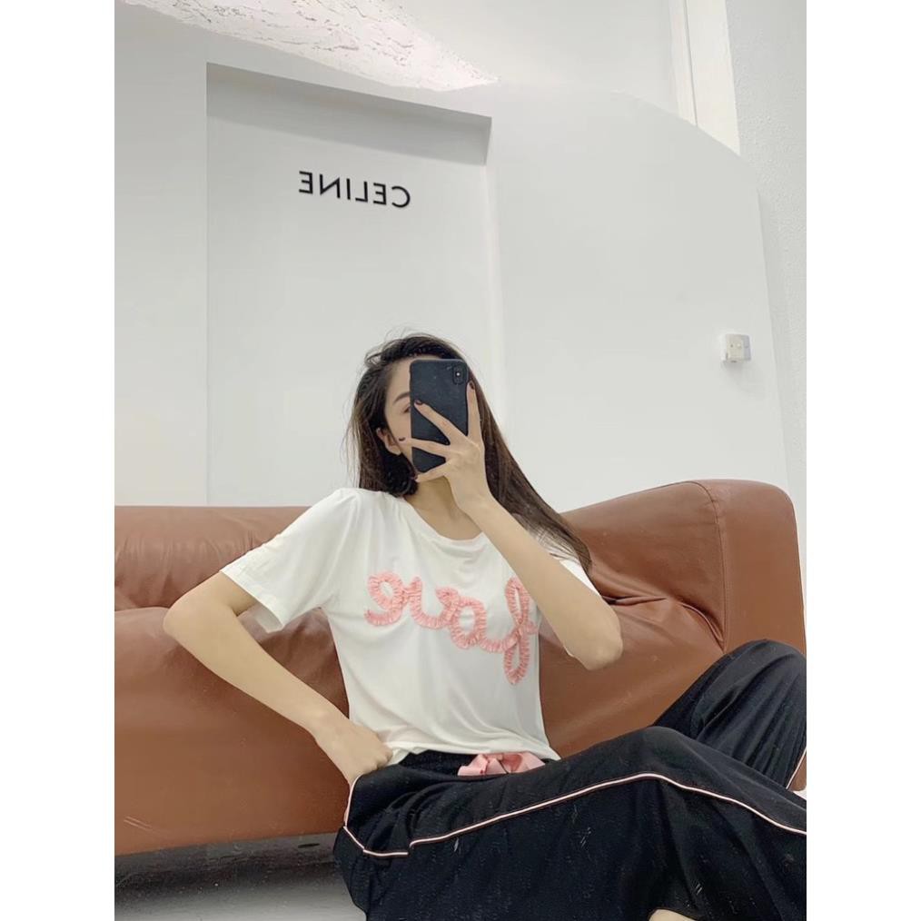 Bộ ngủ lụa Pizama quần dài áo cộc hoạ tiết chữ hàng cao cấp