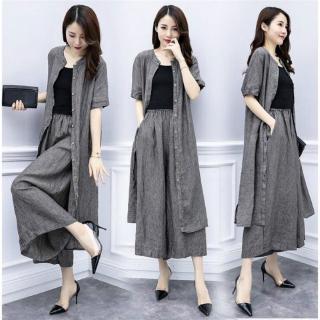 Set Áo Khoác Cardigan Kẻ Sọc Và Quần Dài Ống Rộng Thời Trang Cho Nữ