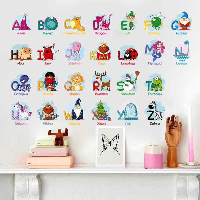 Tranh decal, decal dán tường trang trí phòng cho bé vừa giúp con nhận biết sớm bảng chữ cái động vật tinh nghịch TE64