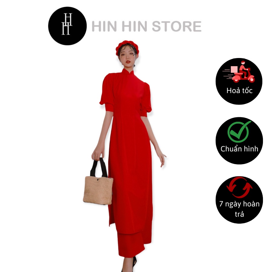 Set bộ áo Dài đỏ truyền thống tay phồng &amp; mấn đính hạt HS116 Hỉn Hỉn Store
