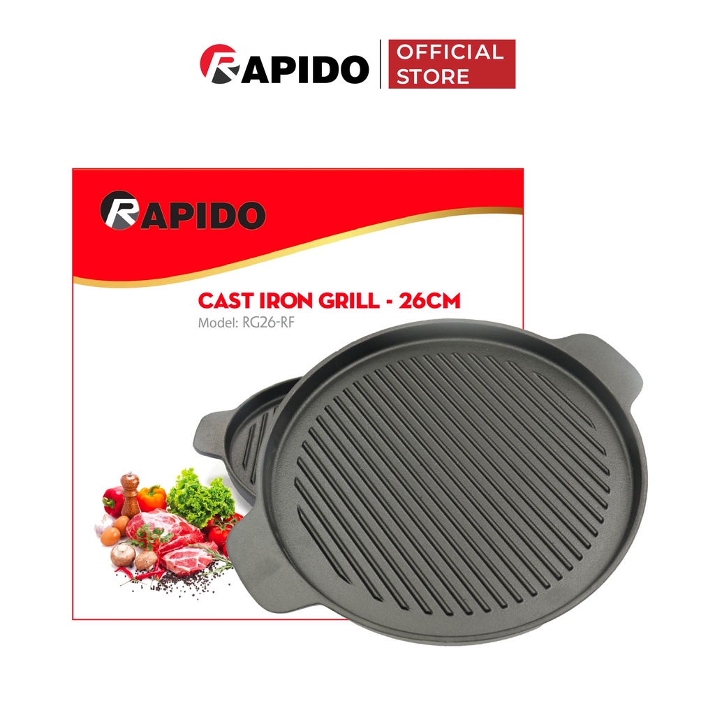 Chảo gang nướng chống dính Rapido size 24, 26 dùng bếp gas, hồng ngoại, từ, than