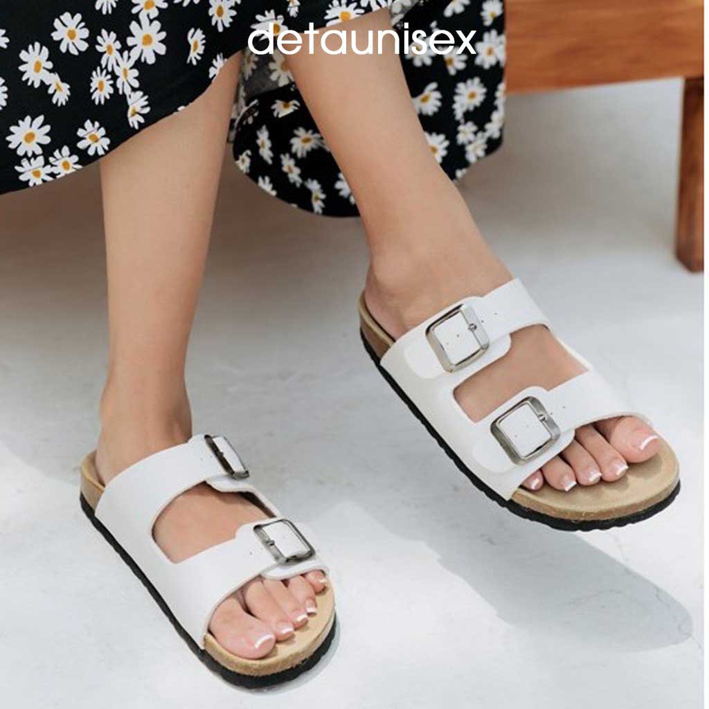 [Mã SKAMFSW175 giảm 10K đơn 50K] Dép quai ngang nam nữ đế trấu Birken 2 khóa DETAUNISEX màu TRẮNG - DETA21