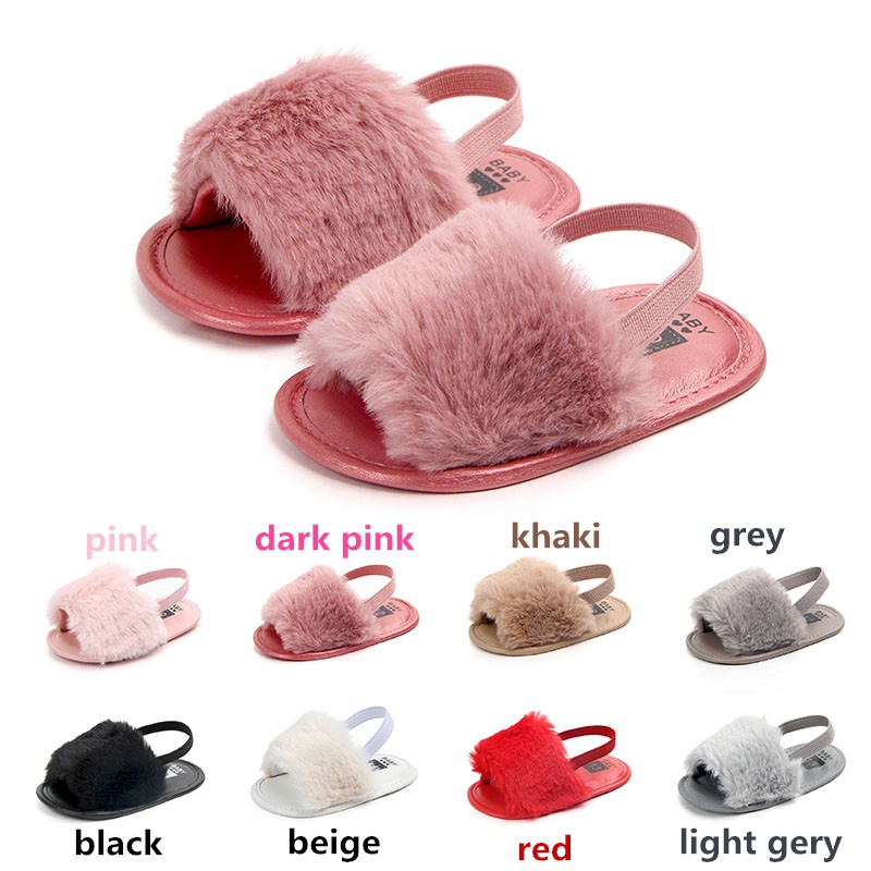 Giày sandal quai ngang phối lông xù dễ thương dành cho bé gái