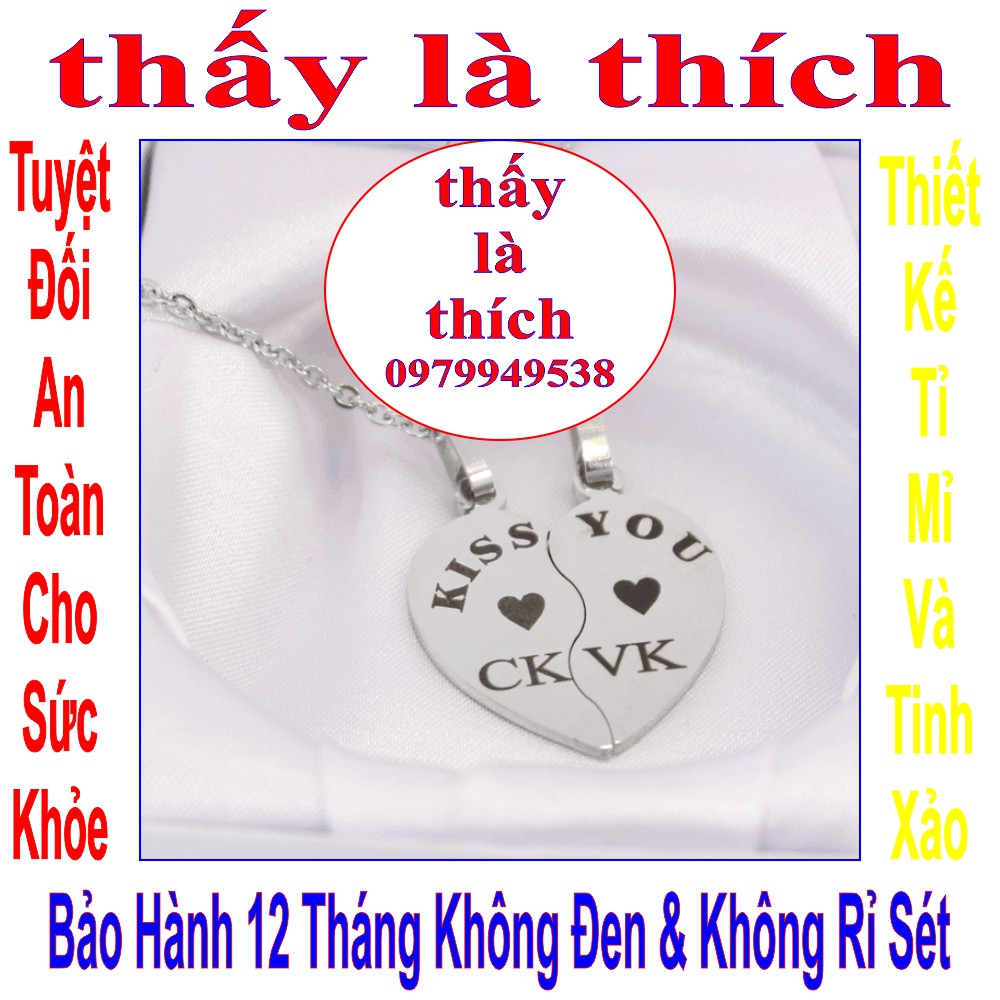 Dây chuyền cặp đôi 2 mảnh ghép trái tim khắc chữ CK/VK kết hợp chữ KISS YOU - Giá bán như trên là 1 cặp = 2 sợi như hình