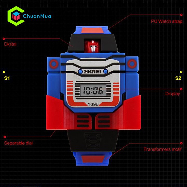 Đồng hồ Trẻ Em SKMEI 1095 Cho Bé Trai (Siêu nhân, robot biến hình, rô bốt lắp ráp Transformer, Mặt 42mm, mẫu giáo...)