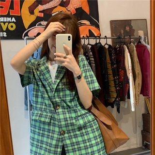 Áo blazer tay ngắn kẻ caro màu vintage