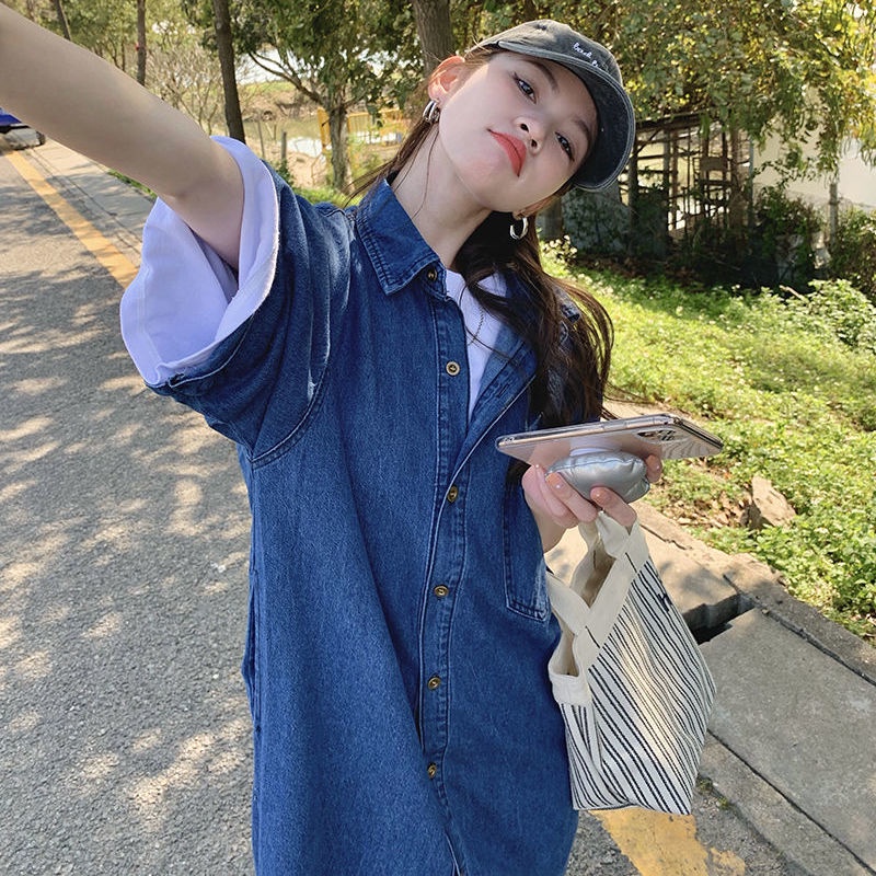 Đầm midi denim Cổ polo Dáng Rộng Đơn Giản Thời Trang Hàn Quốc