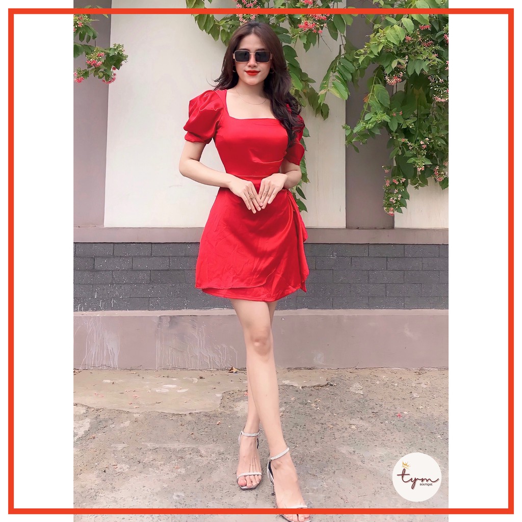 Đầm lụa satin cổ vuông tay phồng, gấp nếp hông xoắn eo tôn dáng, kèm mút | Free size (40-55kg) | - TYM11 | BigBuy360 - bigbuy360.vn