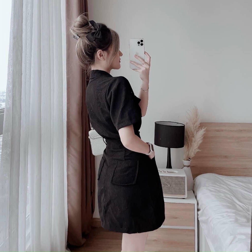 [10.10 Sales Freeship] Đầm sơ mi nhung tăm tay ngắn đính nút, váy đầm nhung túi hộp ôm eo đi chơi sang chảnh, cá tính