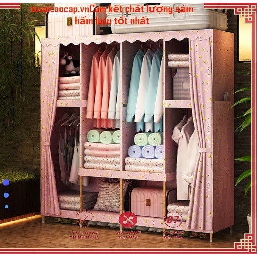 tủ đựng quần áo vải loại 1 Khung Gỗ chốt nhựa giá Rẻ Nhất 3 buồng
