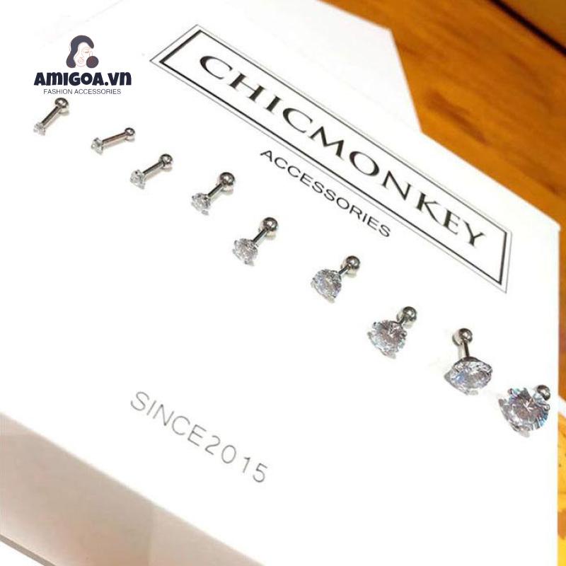 ✨✨Bông Tai Xỏ Lỗ Bằng Thép Titan Đính Kim Cương Lấp Lánh