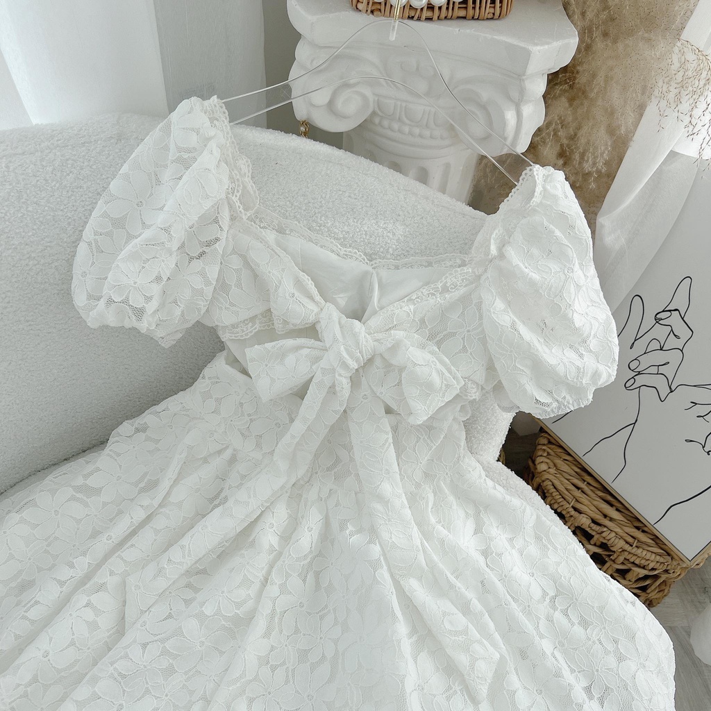 ĐẦM TRẮNG REN HOA VIỀN BÈO NƠ LƯNG