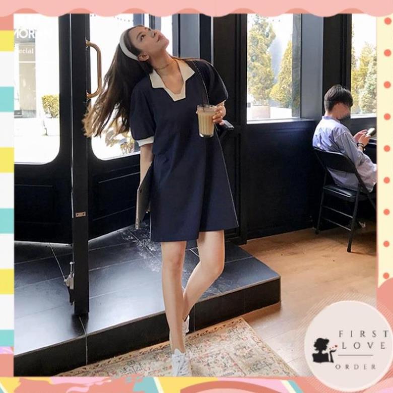 (firstlove ORDER) Váy MORAN cổ bẻ POLO phối màu cổ trắng tay phồng dáng A-line style công sở năng động Hàn Quốc 01 .
