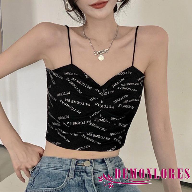 Áo Croptop Hai Dây Cổ Chữ V In Chữ Gợi Cảm Cho Nữ