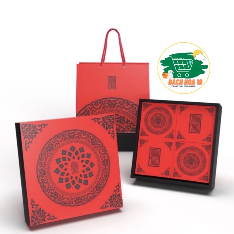 Bộ túi & hộp giấy 4 bánh trung thu 125-250g mẫu Họa Tiết Đỏ 2021