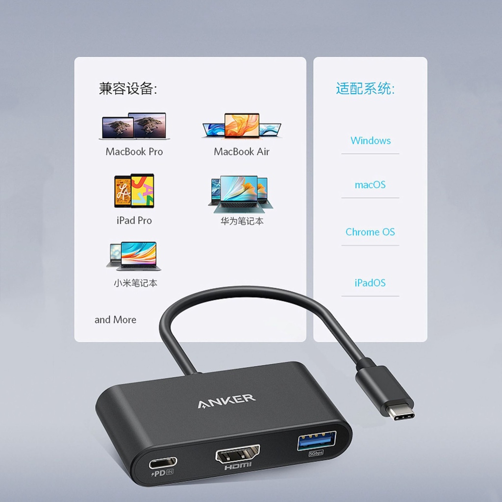Hub Anker Type C ra HDMI 4K + PD 100W + USB 3.0 tốc độ 5Gbps PowerExpand 3in1- A8339 cho Laptop Macbook HDStore