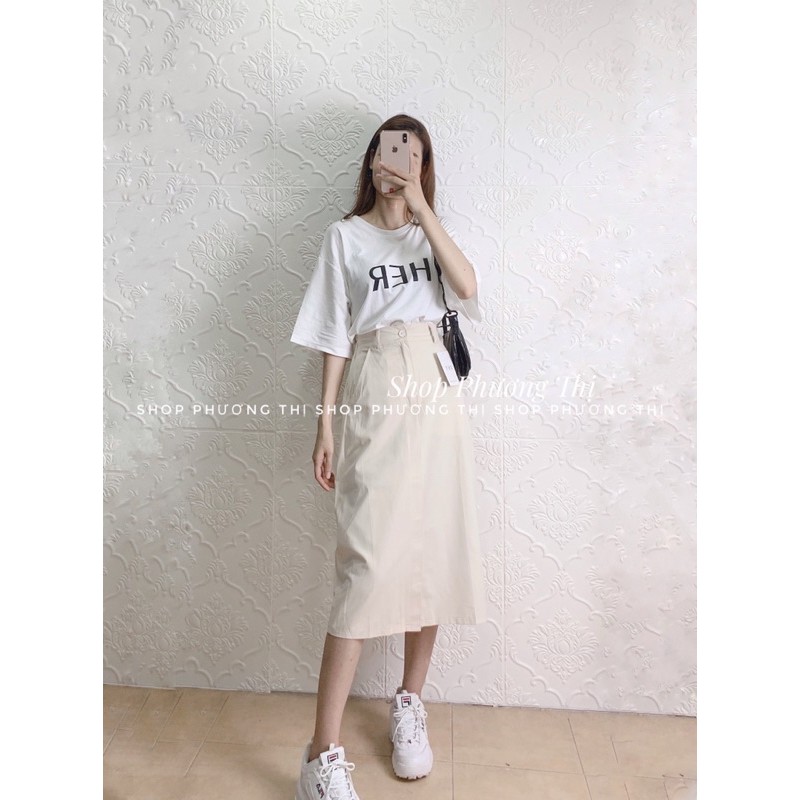 Chân váy kaki cạp chun sau dáng dài qua gối (hình shop tự chụp) | BigBuy360 - bigbuy360.vn