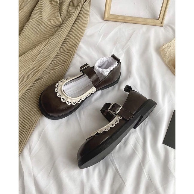 Giày búp bê có quai viền ren lót caro vintage Mary Jane Yannie Lolita