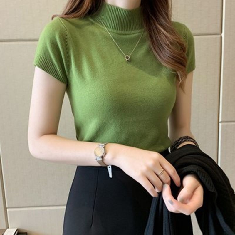 Áo Thun Dệt Kim Tay Ngắn Cổ Ca o Dáng Ôm Màu Trơn Đơn Giản Thời Trang 831