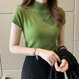 Áo Thun Dệt Kim Tay Ngắn  Cổ Ca o Dáng Ôm Màu Trơn Đơn  Giản  Thời Trang 831