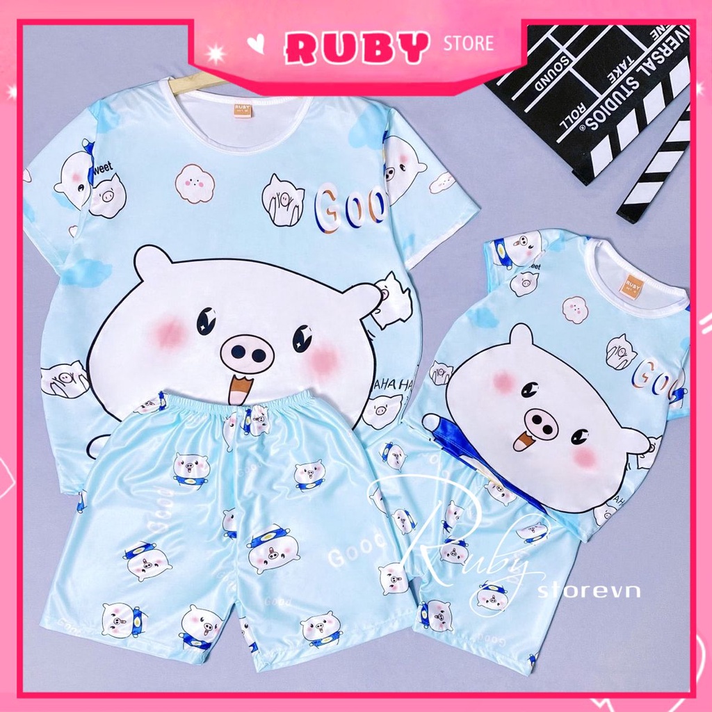 Đồ bộ thun đùi cho bé mặc nhà size đến 70kg chất thun mềm mát in hình heo hoạt hình dễ thương DBRBD FULL SIZE