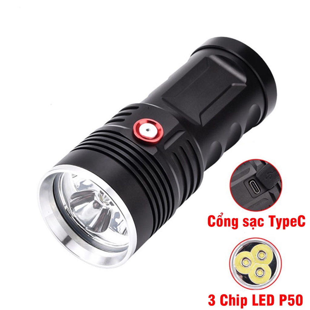 Đèn Pin 3 LED P50 Siêu Sáng Dùng 4 Pin 18650 Cổng Sạc Thân Type C