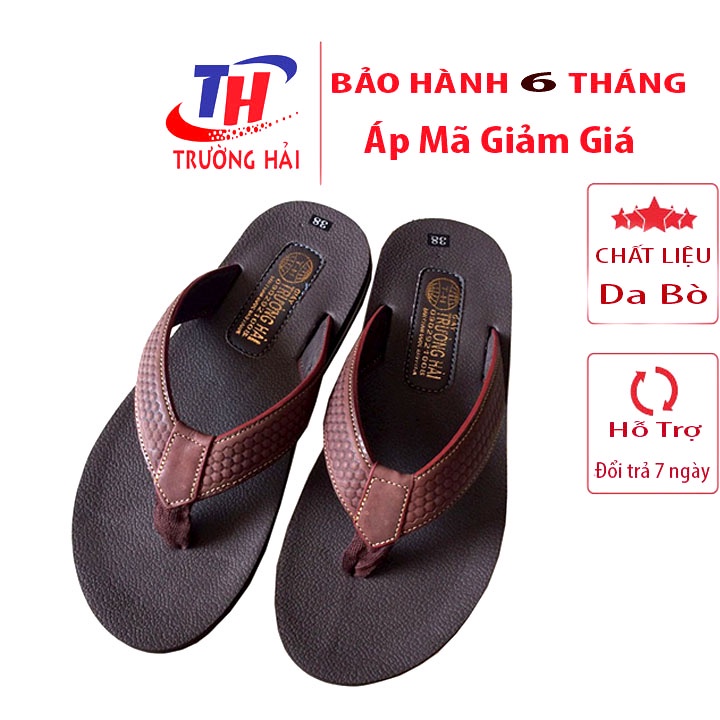 Dép xỏ ngón nam Da Bò Thật màu Vàng Trường Hải Đế cao su không trơn XN09