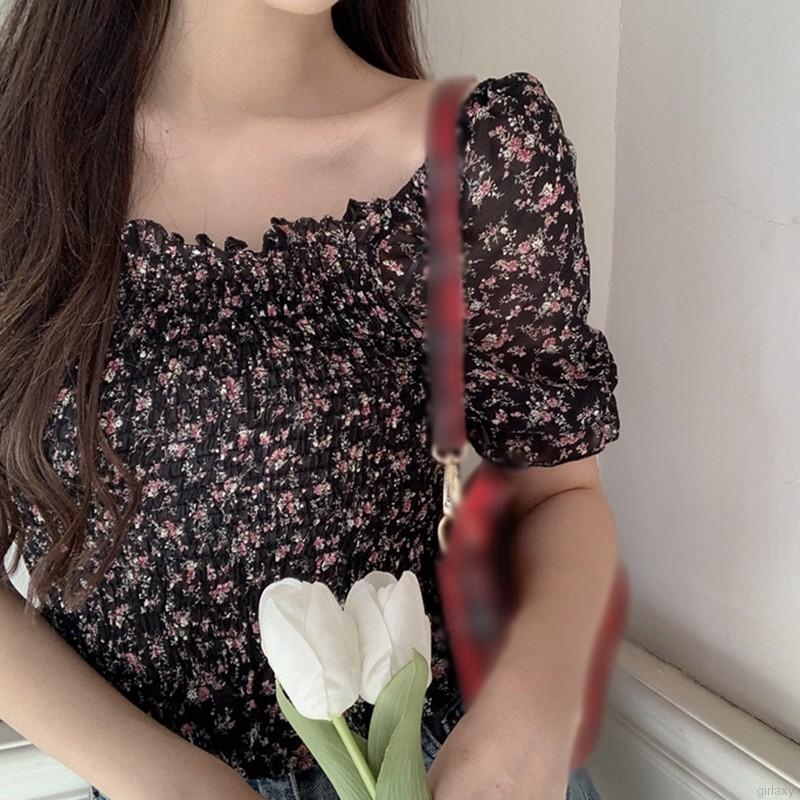 Áo chiffon nữ tay ngắn cổ vuông in hoa phong cách Hàn Quốc xinh xắn
