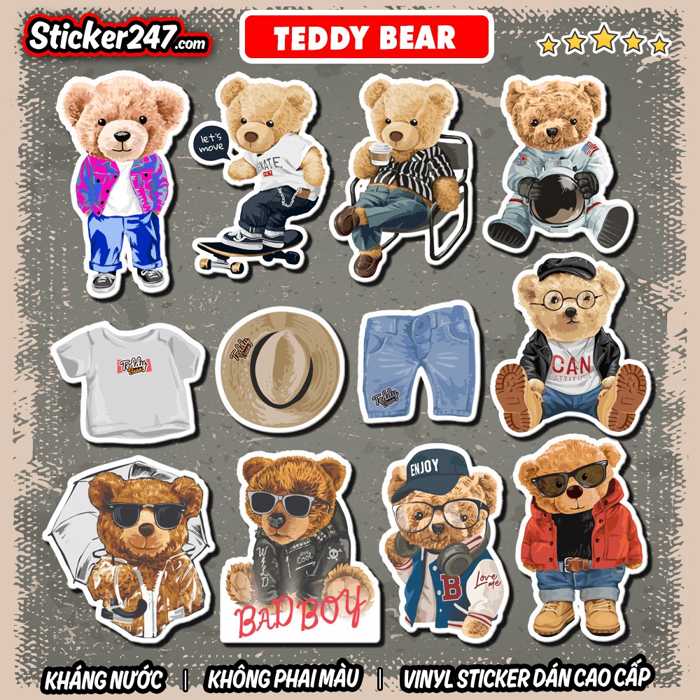 Sticker Teddy Bear Gấu Cute 𝑭𝒓𝒆𝒆𝒔𝒉𝒊𝒑 Sticker Dán Mũ Bảo Hiểm, Dán Vali, Đàn Guitar - Hình Dán Chống Thấm Nước