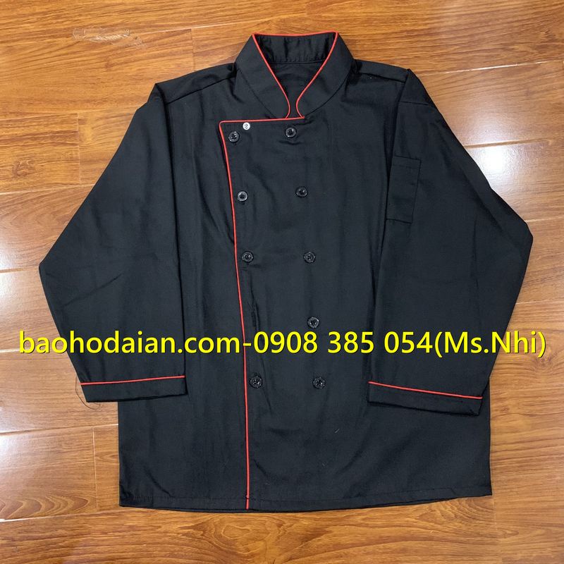 Áo đầu bếp dài tay vải kaki thoáng mát phối viền đen sang trọng
